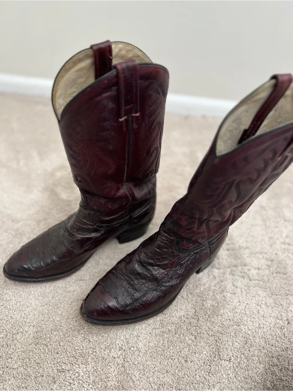 Vintage Dan Post Genuine Full Quill Ostrich Cowboy Boots Burgundy/Oxblood